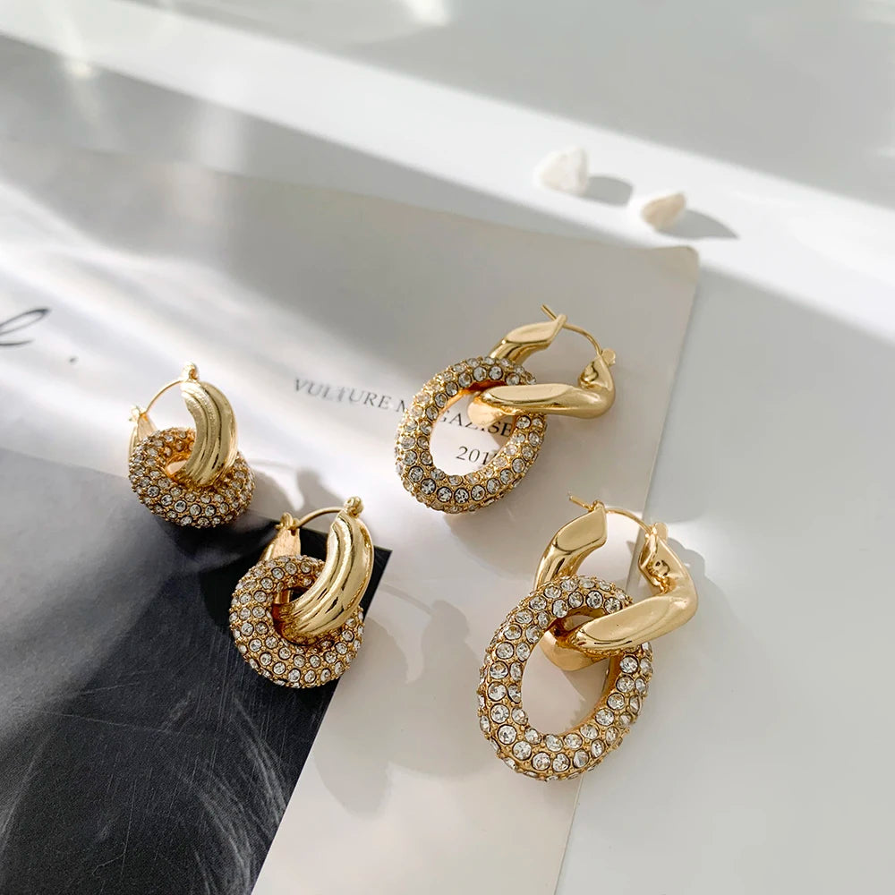 Punk Circle Pendant Shiny Rhinestone Stainless Steel Drop Earrings Bilayer Oval Round Rust Proof Party Zircon Huggie Jewelry New