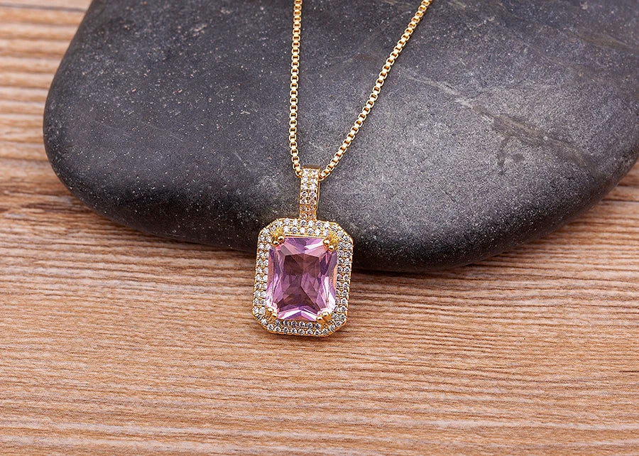Nidin Top Quality Austrian Crystal Geometric Rectangle Pendant Necklaces For Women 5 Colors Stone Zircon Party Wedding Jewelry