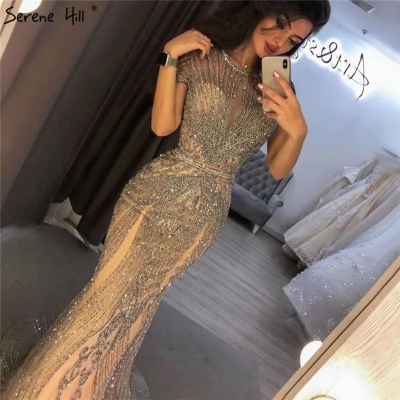Navy Blue Sleeveless Luxury Evening Dresses Full Diamond Mermaid 2025 Serene Hill Plus Size LA60742 Customized