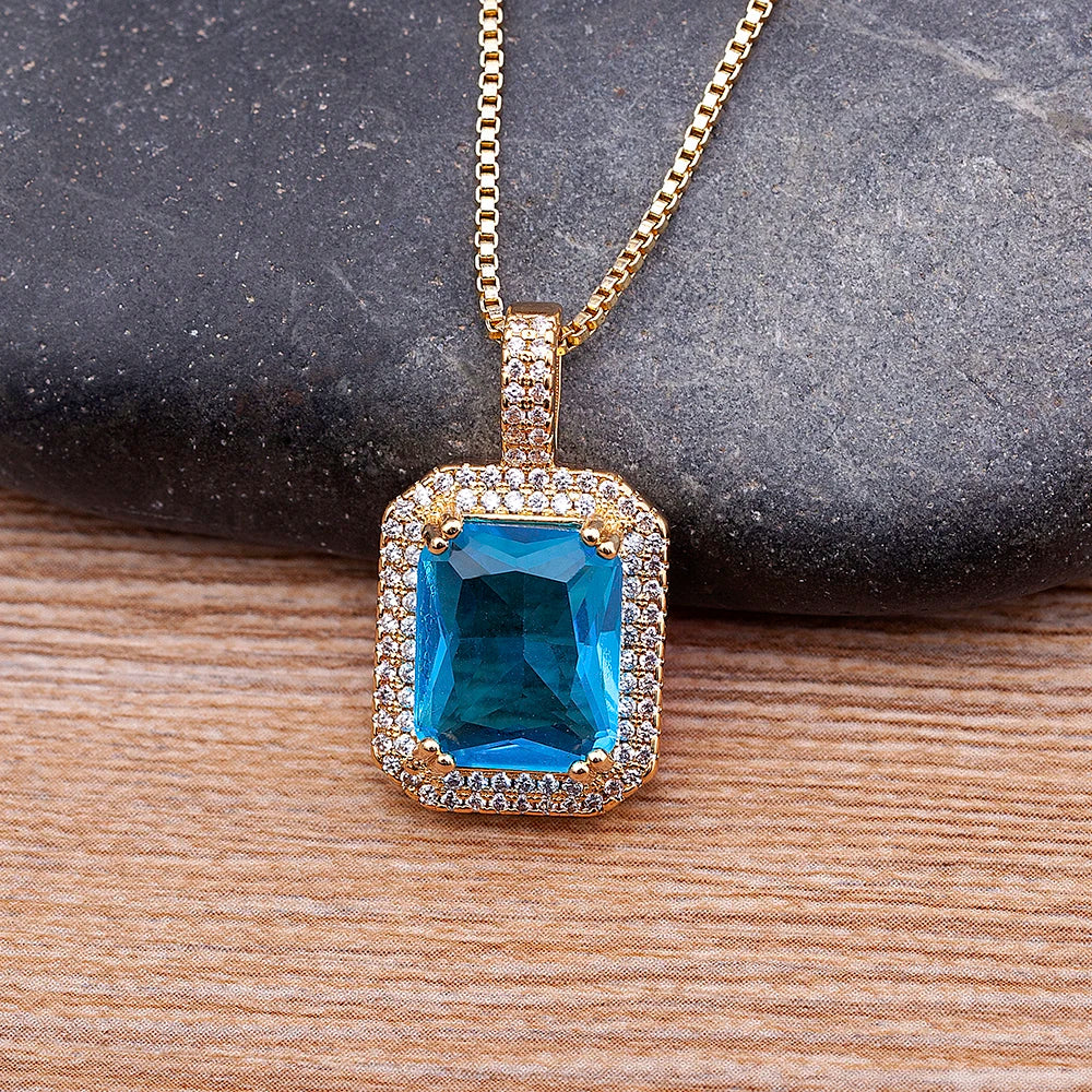 Nidin Top Quality Austrian Crystal Geometric Rectangle Pendant Necklaces For Women 5 Colors Stone Zircon Party Wedding Jewelry