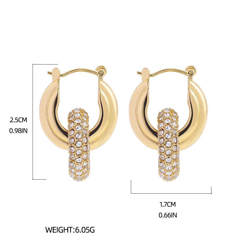 Punk Circle Pendant Shiny Rhinestone Stainless Steel Drop Earrings Bilayer Oval Round Rust Proof Party Zircon Huggie Jewelry New