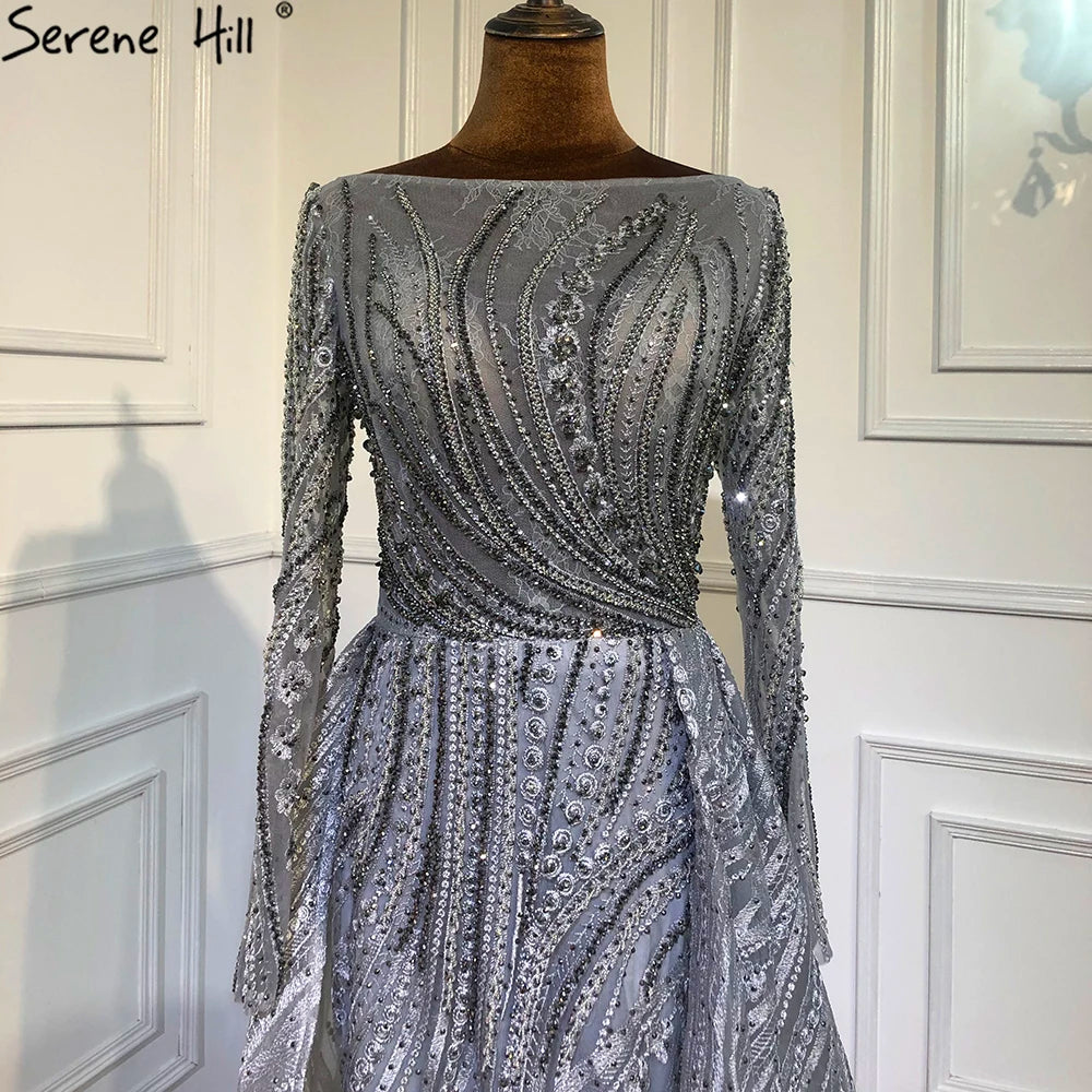 Serene Hill Muslim Grey Beaded With Overskirt Mermaid Evening Dresses Gowns Elegant For Women Party Plus Size LA70836