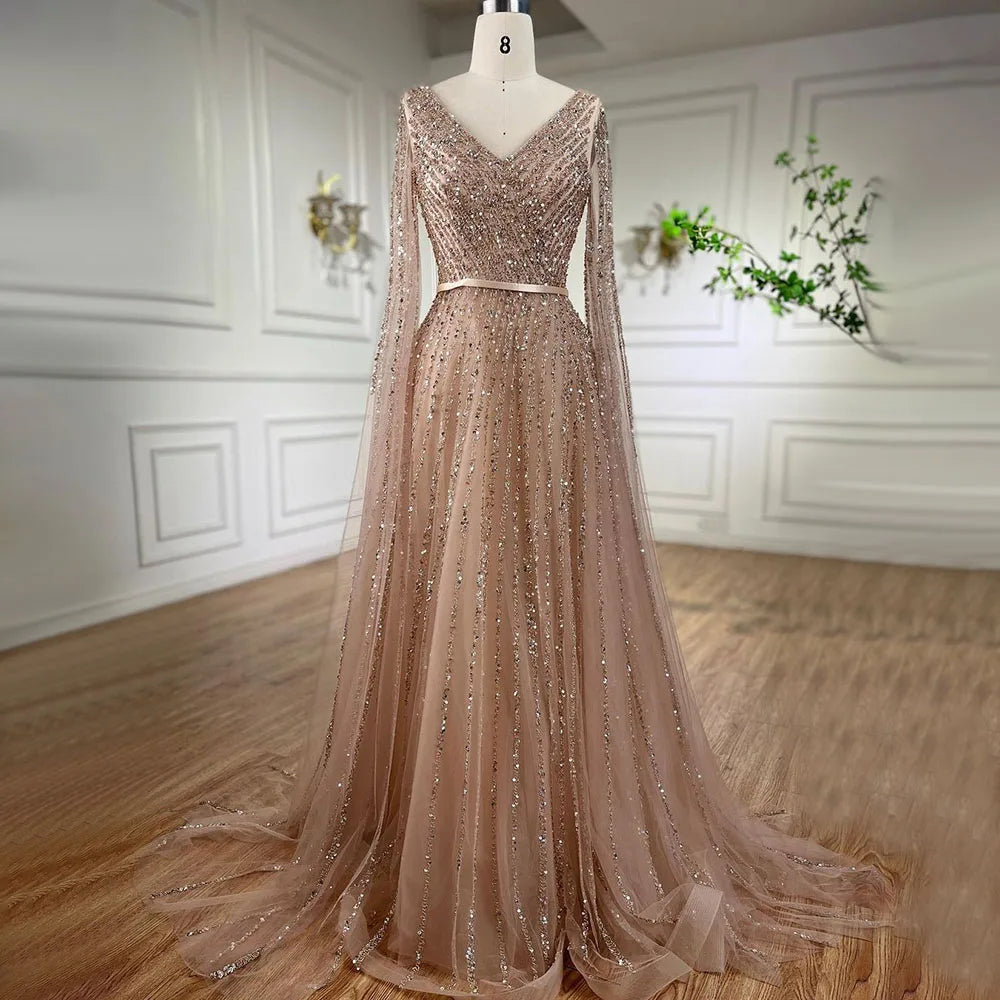 Serene Hill Mint Cape Sleeves A Line Beaded Dubai Evening Dresses Long 2025 Celebrity Gowns For Party LA71865 Customized