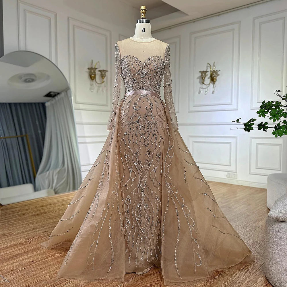 Serene Hill 2025 Customized Pink Beaded Saudi Arabic Mermaid Evening Dresses With Sheer Long Sleeves For Formal Occasion LA72875