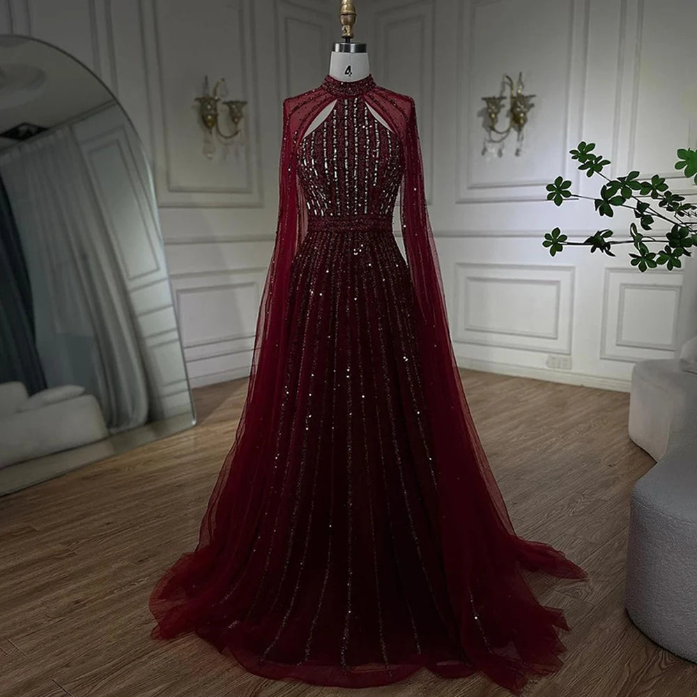 Serene Hill Arabic Turquoise A Line Cape Sleeve Beaded Evening Dresses Gowns For Occasion 2025 LA72306A Customized