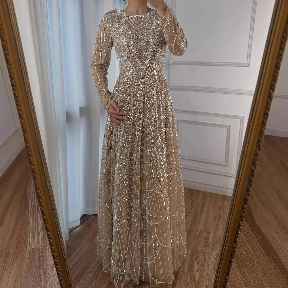 Luxury Olive Green Long Sleeve Beaded A Line Evening Gown for Wedding Party Prom Serene Hill 2025 Customized LA72738B Plus Size