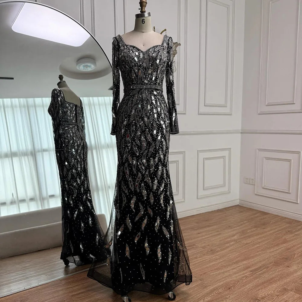 Luxury Black Silver Long Sleeve Evening Dress with Sequins Elegant Mermaid Gown for Women 2025 Serene Hill Customized LA73113