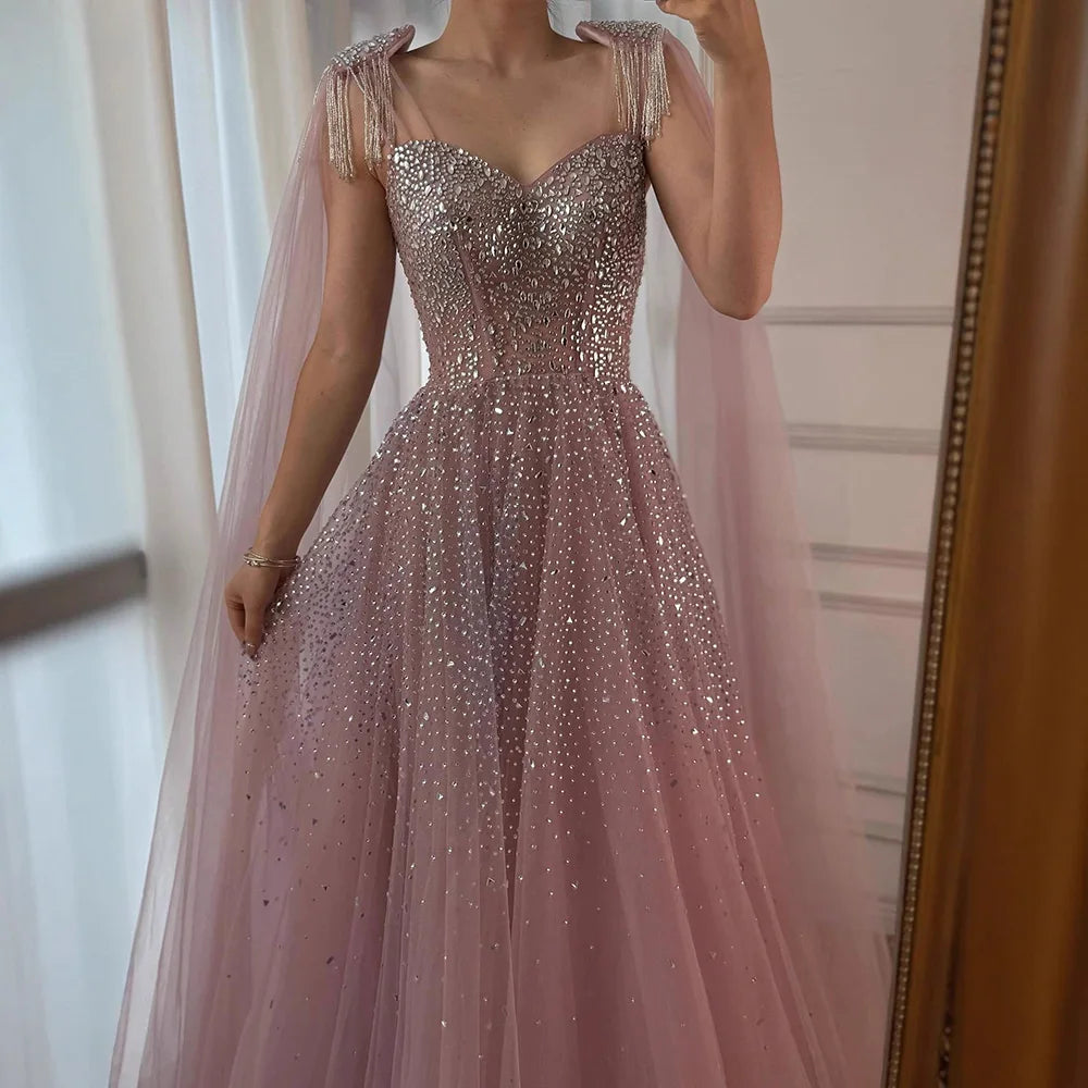 Luxury Pink Tulle Beaded A-Line Evening Dress with Cape Sleeves for Women Prom Serene Hill 2025 Customized Gown LA73072
