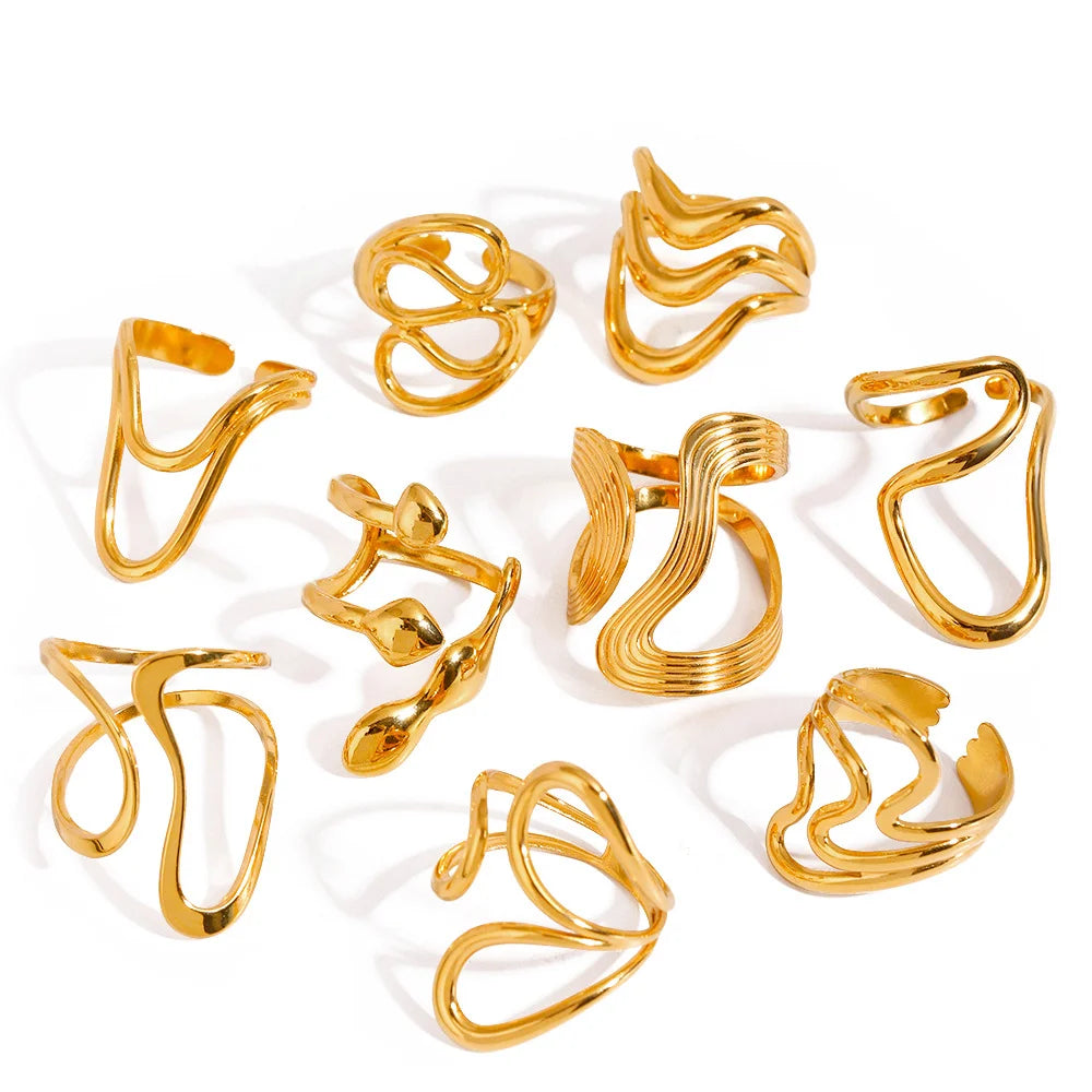 Stainless Steel Irregular Wave Rings For Women Creative Gold Color Adjustable Open Ring Female Jewelry Punk Rapper Anillos Gifts