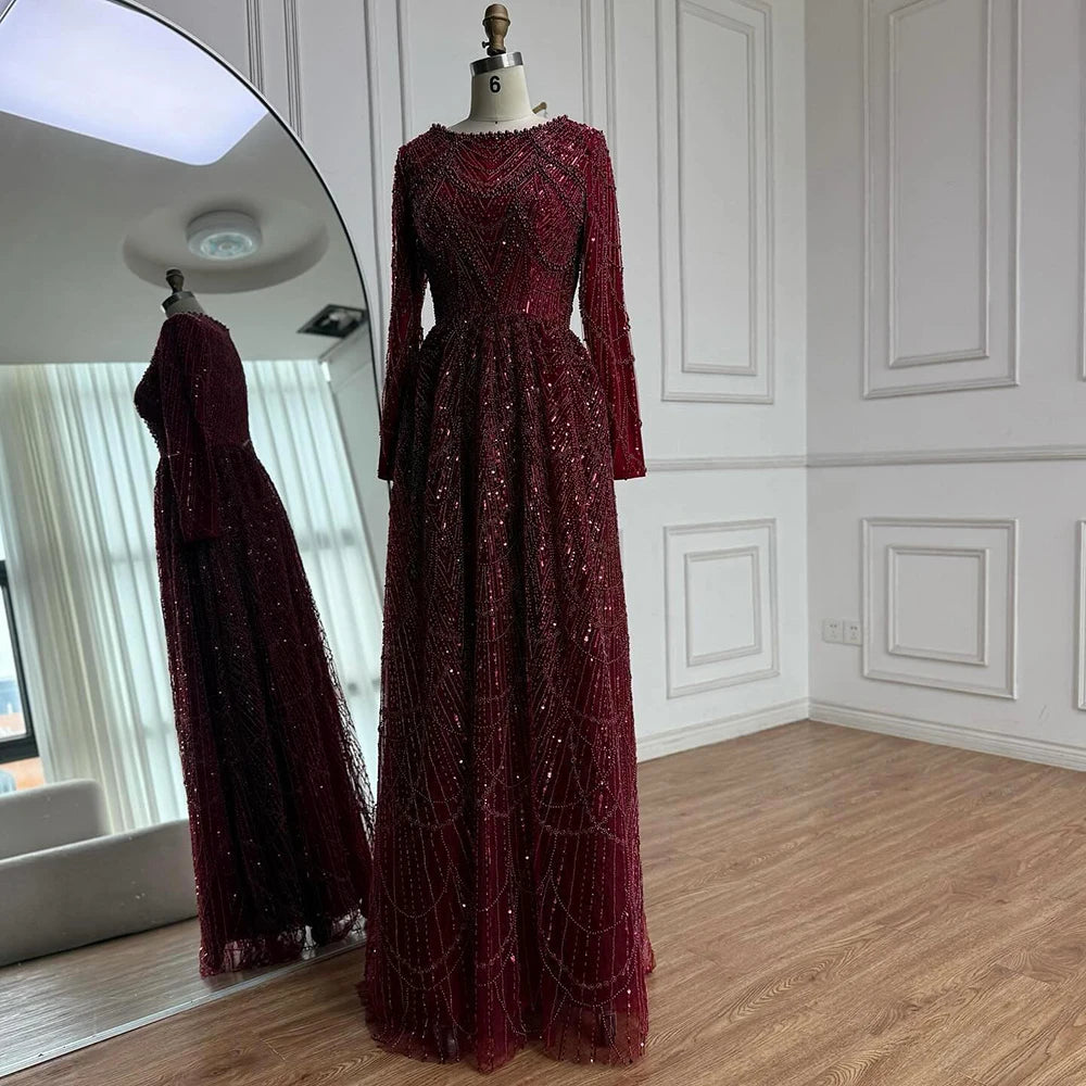 Luxury Olive Green Long Sleeve Beaded A Line Evening Gown for Wedding Party Prom Serene Hill 2025 Customized LA72738B Plus Size