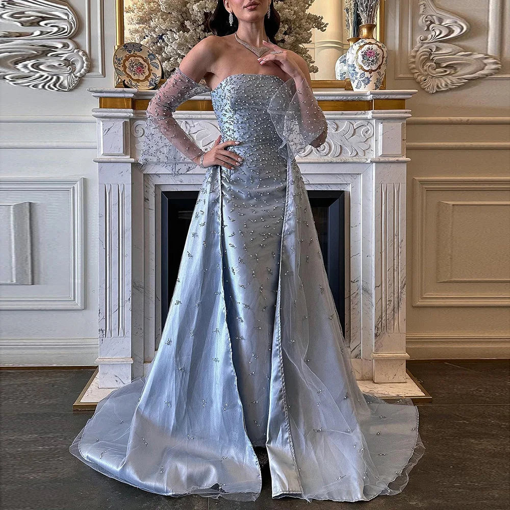 Serene Hill Customized 2025 Arabic Strapless Gray Blue Beaded Pearls Dubai Evening Dresses For Formal Occasion LA72705