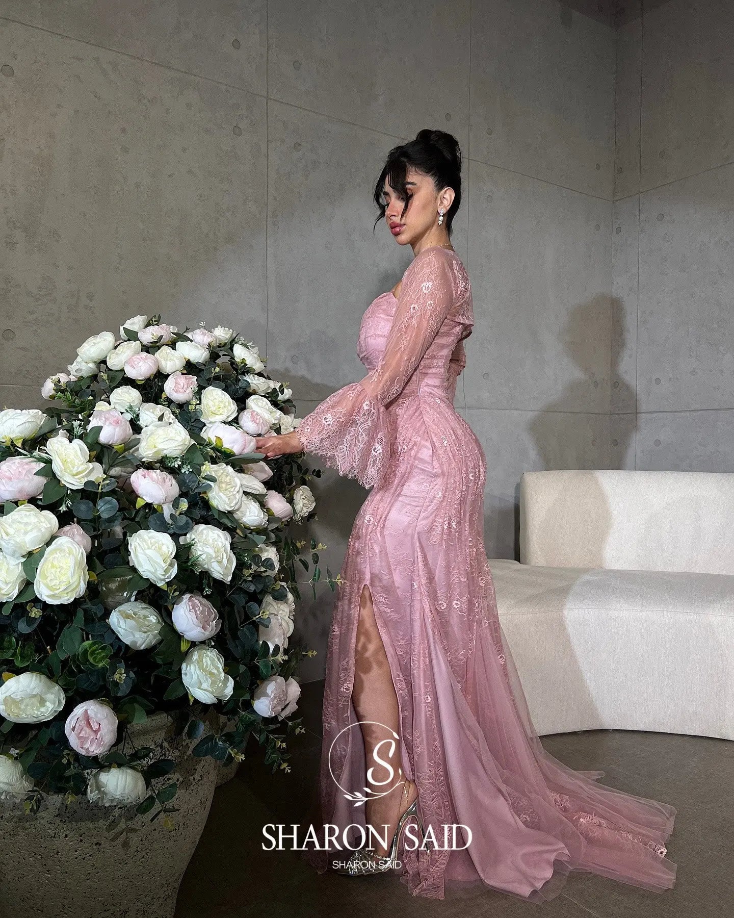 Sharon Said Pink Strapless Lace Evening Dress with Jacket Full Sleeves for Women Wedding Party Formal Gown SF304 Customized