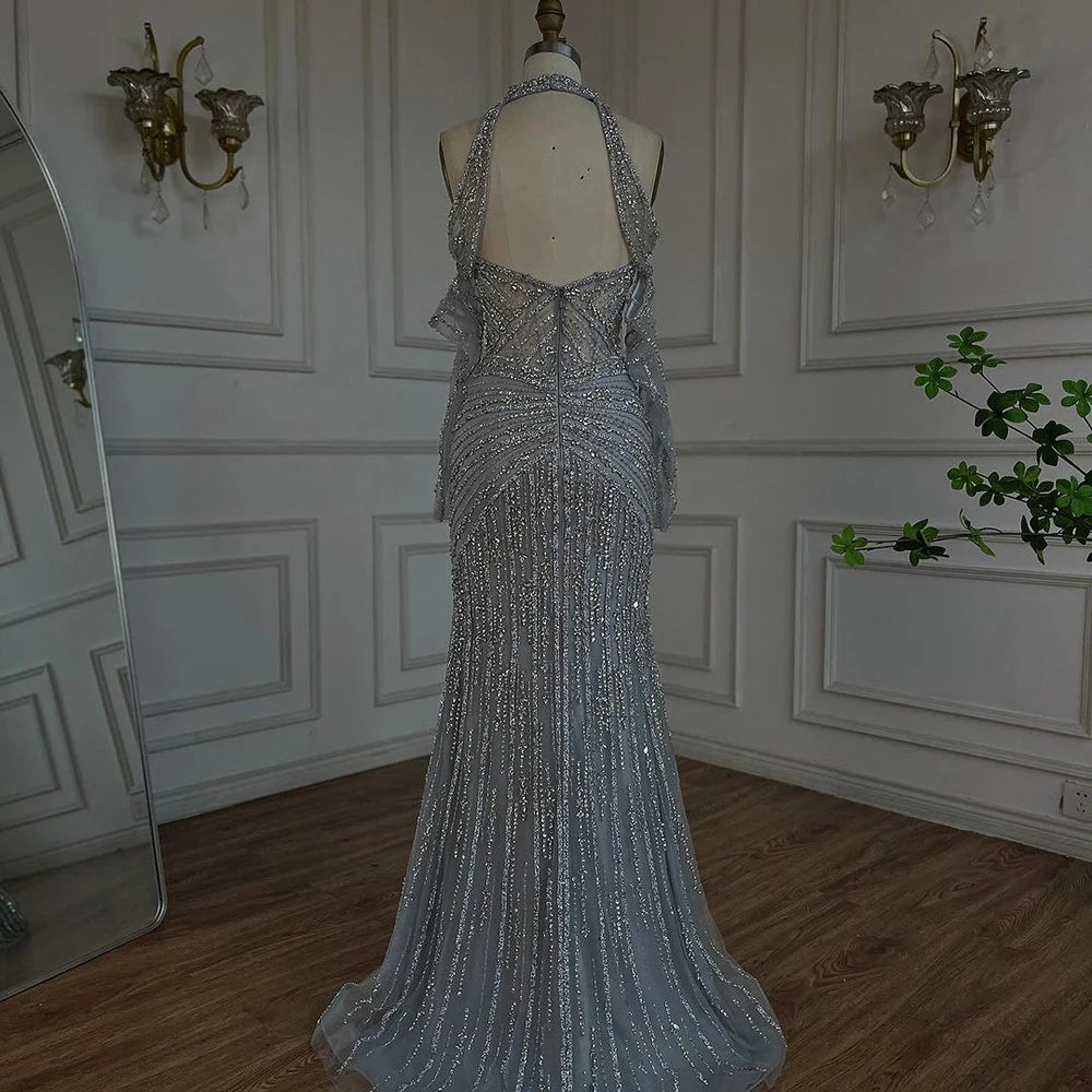 Serene Hill Arabic Gray Decorative Halter Mermaid Evening Dresses Beaded Dress For Formal Occasion LA72651 Customized 2025