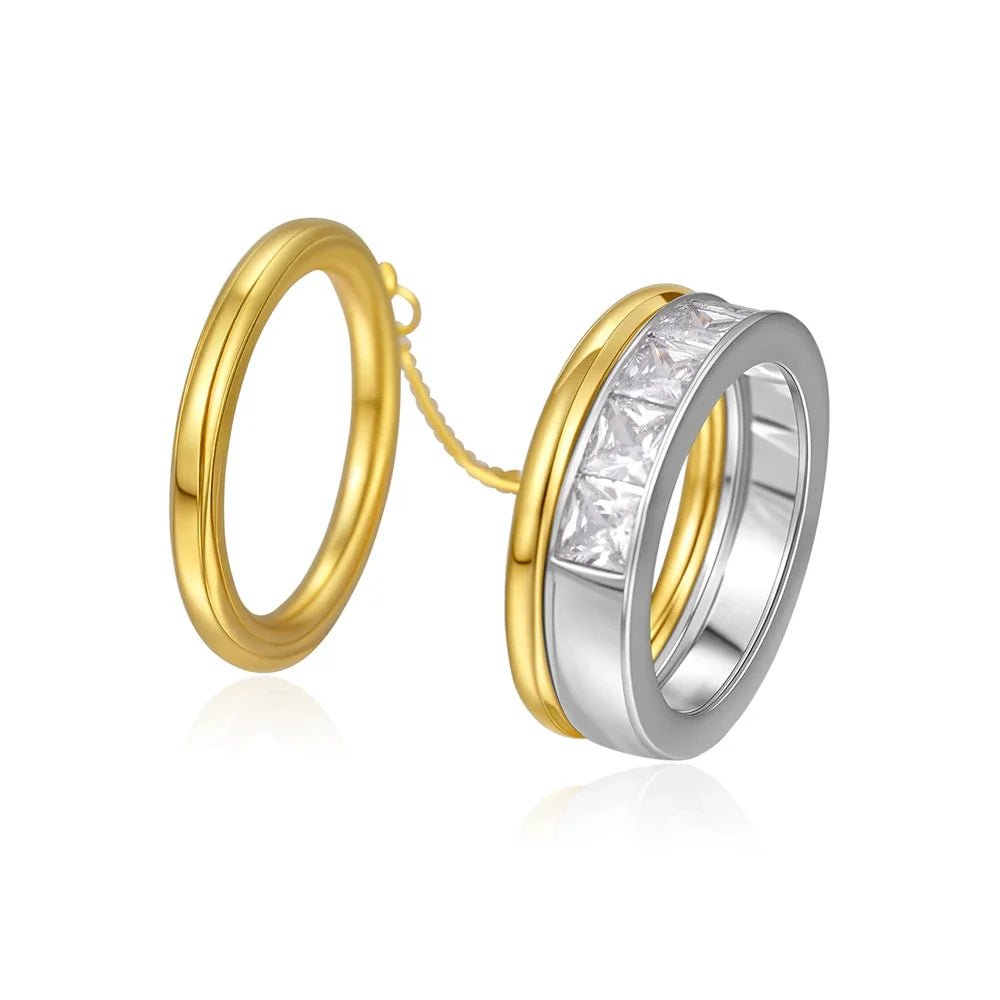 Fashion CZ Zircon Stainless Steel Double Layer Chain Ring for Women Gold Plated Tassel Link Ring Hip Hop Jewelry Waterproof