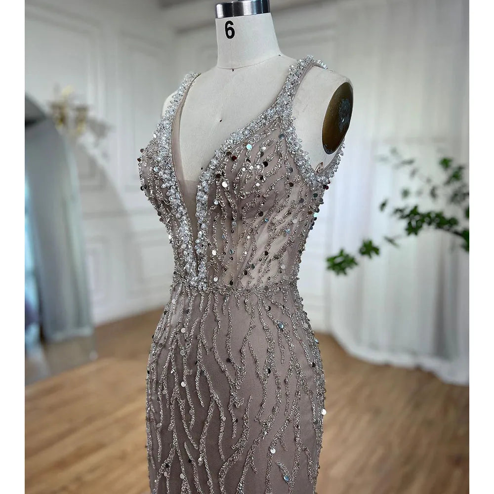 Serene Hill Pink Mermaid High Split Evening Dresses Feather Beaded Gowns Long 2025 For Women Wedding Party LA72152 Customized