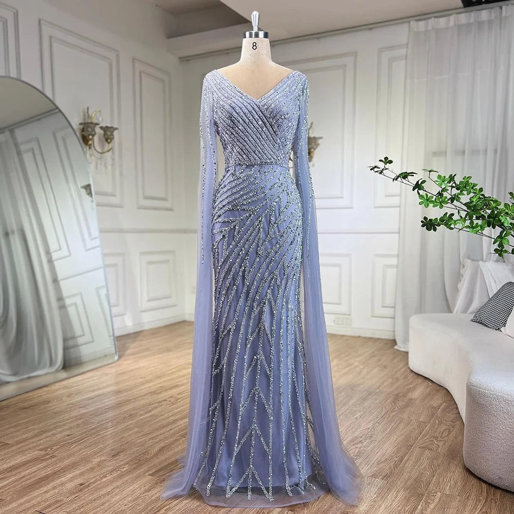 Serene Hill Arabic Mermaid Blue Beaded Cape Evening Dress Gown 2025 LA71493A Customized