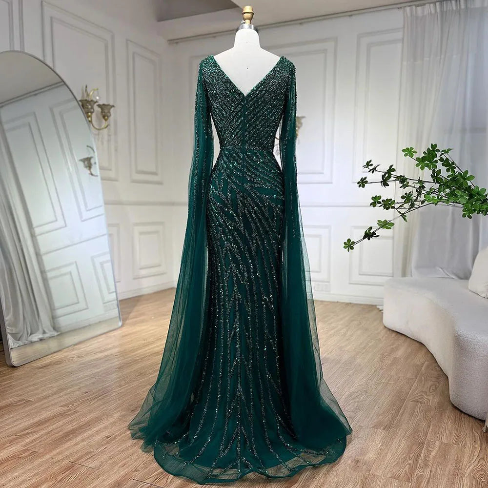 Serene Hill Arabic Mermaid Blue Beaded Cape Evening Dress Gown 2025 LA71493A Customized