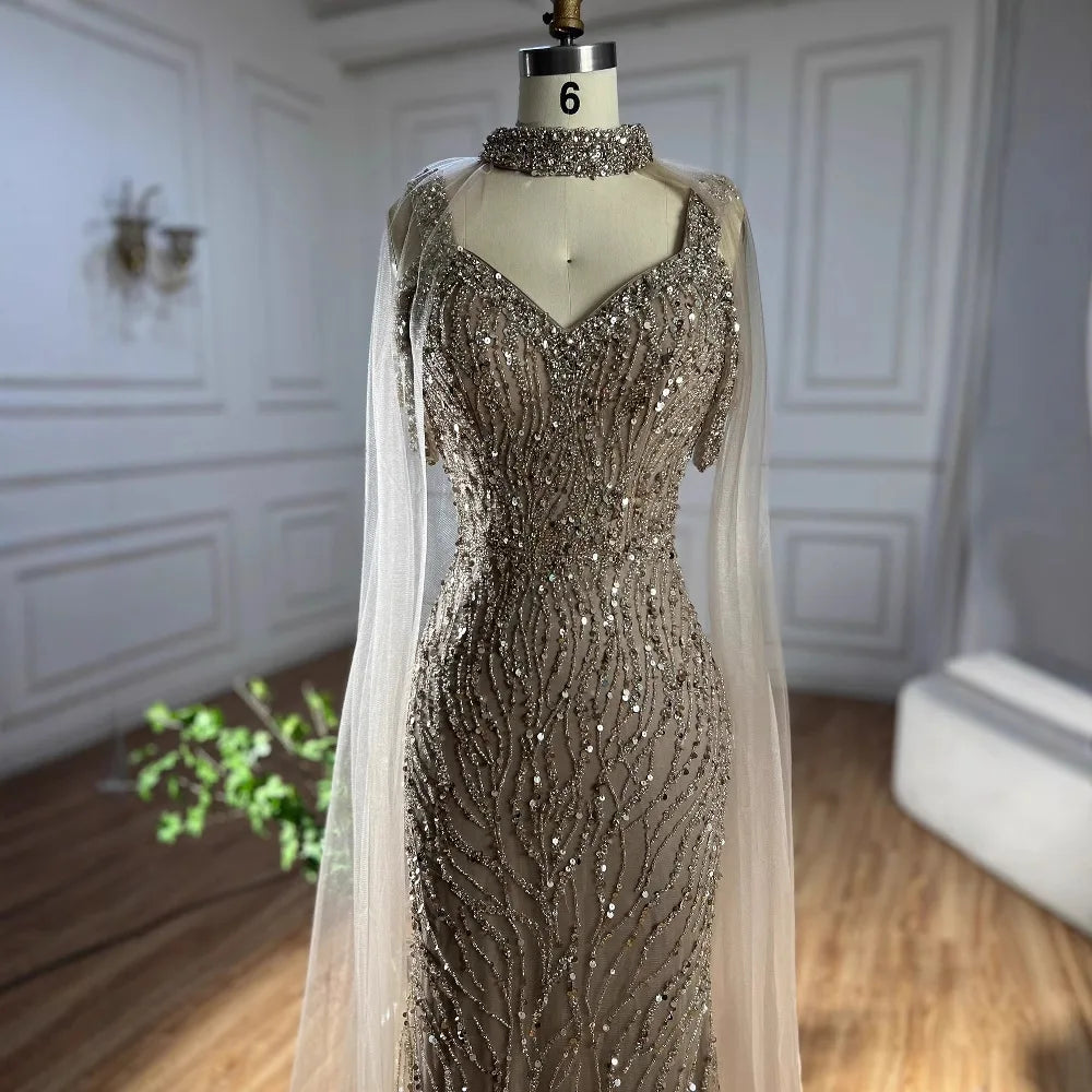 Luxury Caramel Mermaid Evening Gown Beaded Dress with Cape Sleeves Elegant Formal Party Customized LA72921