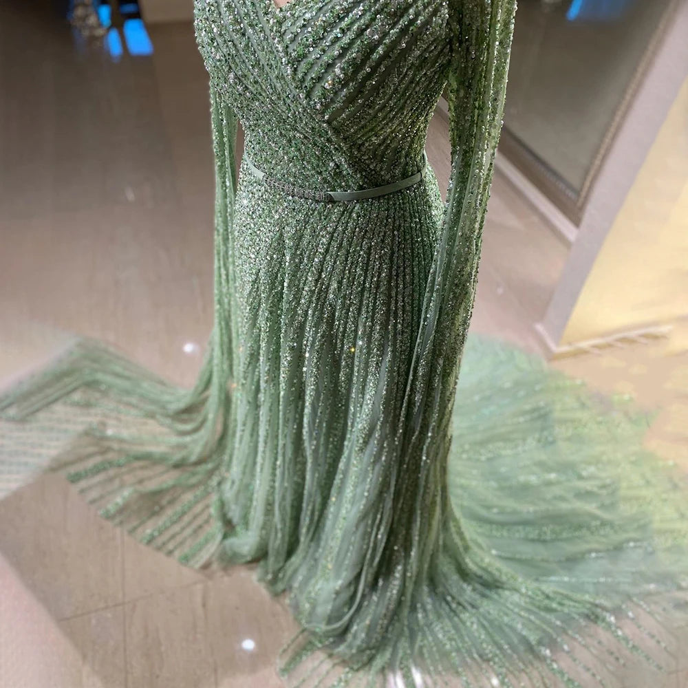 Serene Hill Mint Cape Sleeves A Line Beaded Dubai Evening Dresses Long 2025 Celebrity Gowns For Party LA71865 Customized