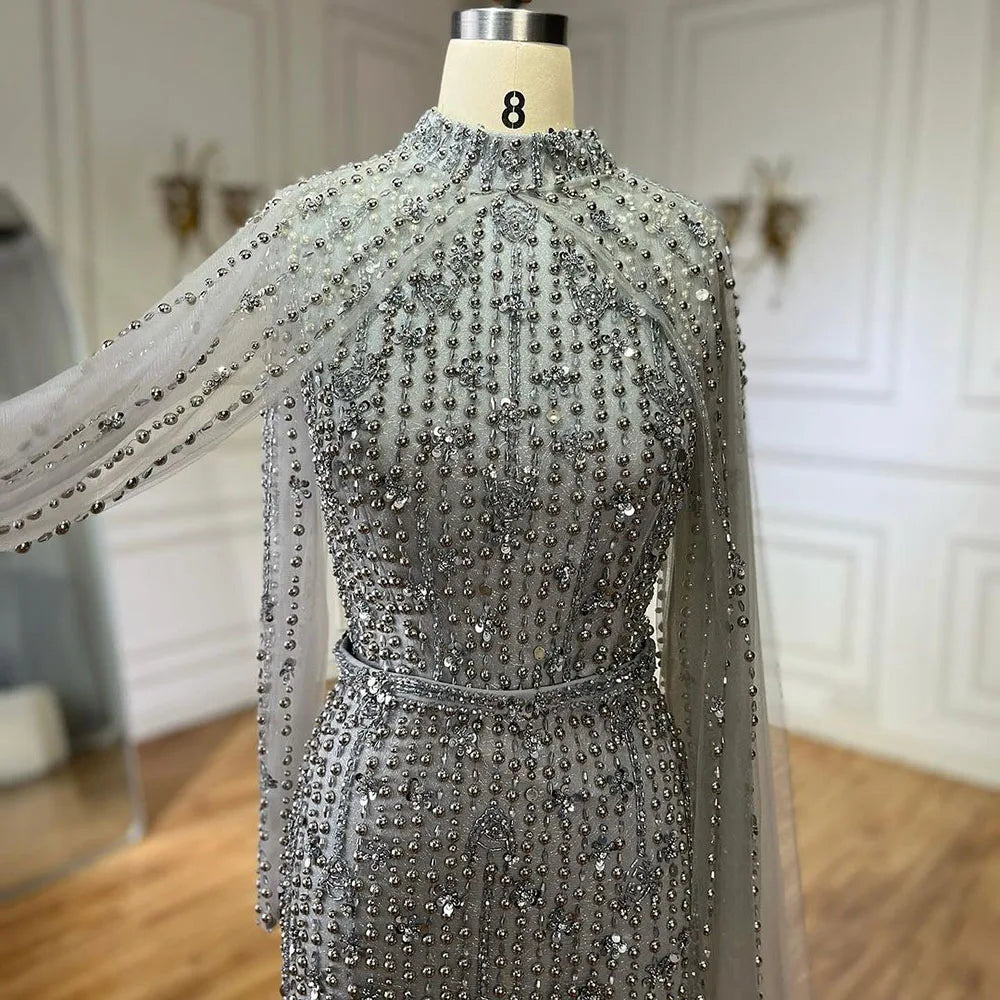 Muslim Nude Mermaid Cape Sleeves Pearls Beaded Luxury Dubai Evening Dresses Gowns 2025 Wedding Party LA72372 Customized