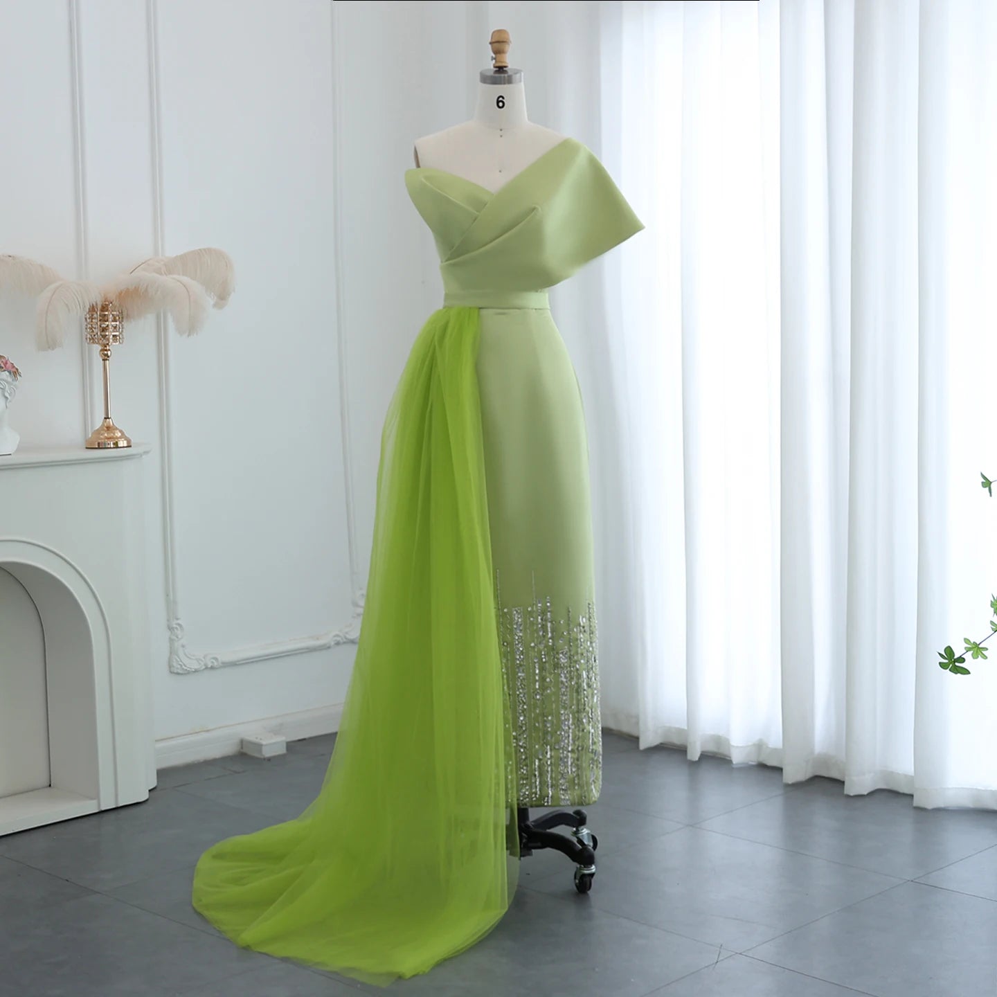 Sharon Said Dubai Lilac One Shoulder Evening Dress with Overskirt Arabic Women Sage Green Wedding Party Gowns SS405 Customized