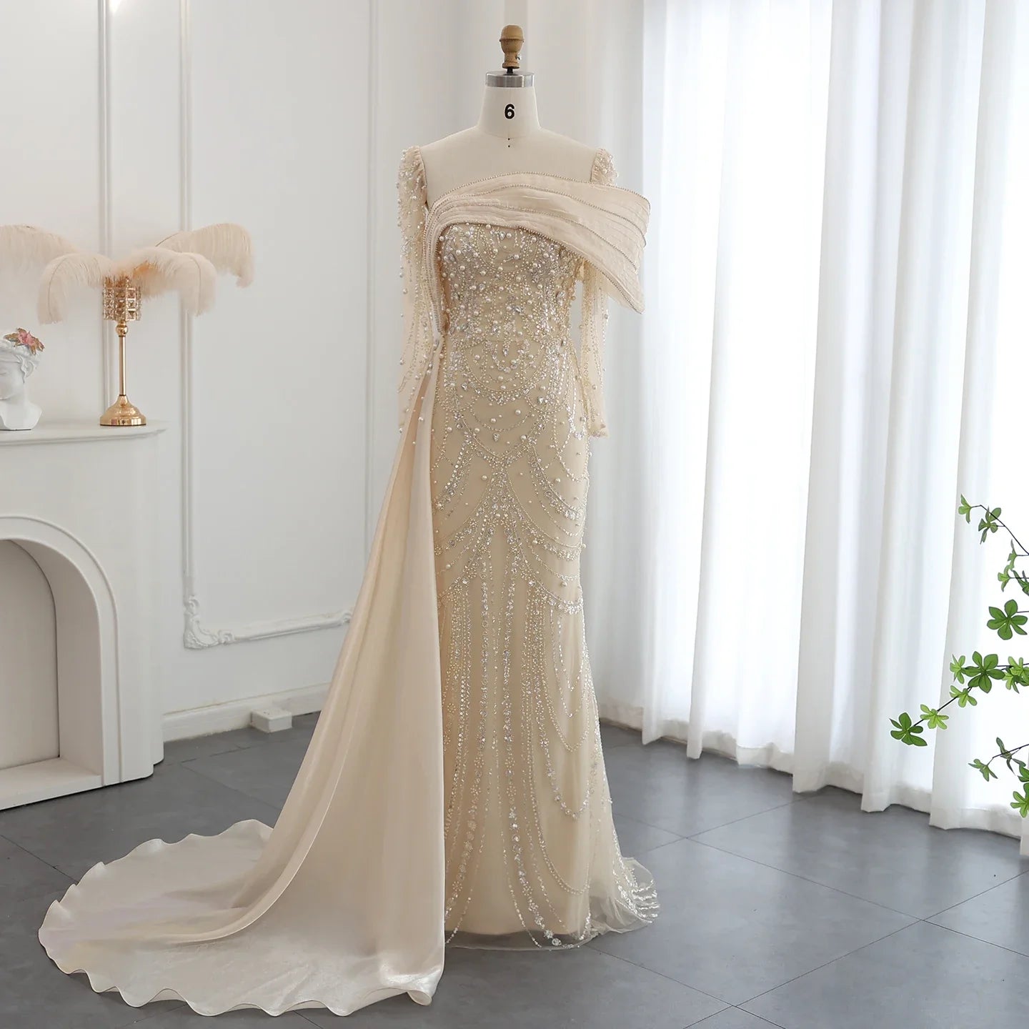 Sharon Said Nude Luxury Crystal Mermaid Evening Dress with Overskirt Long Sleeve Dubai Wedding Formal Prom Gown SS256 Customized