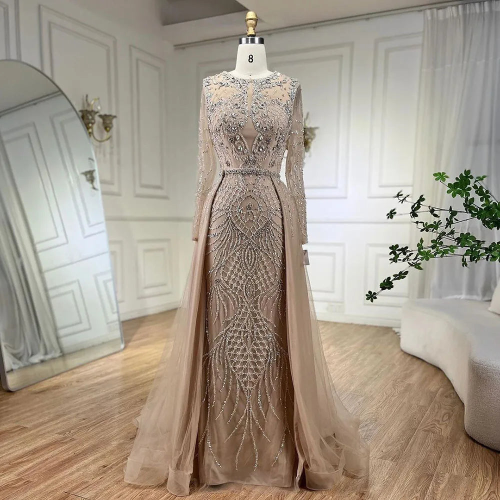 Serene Hill Muslim Silver Nude Mermaid Gown with Detachable Overskirt Beaded Evening Dress for Women Wedding Party 2025 LA71919