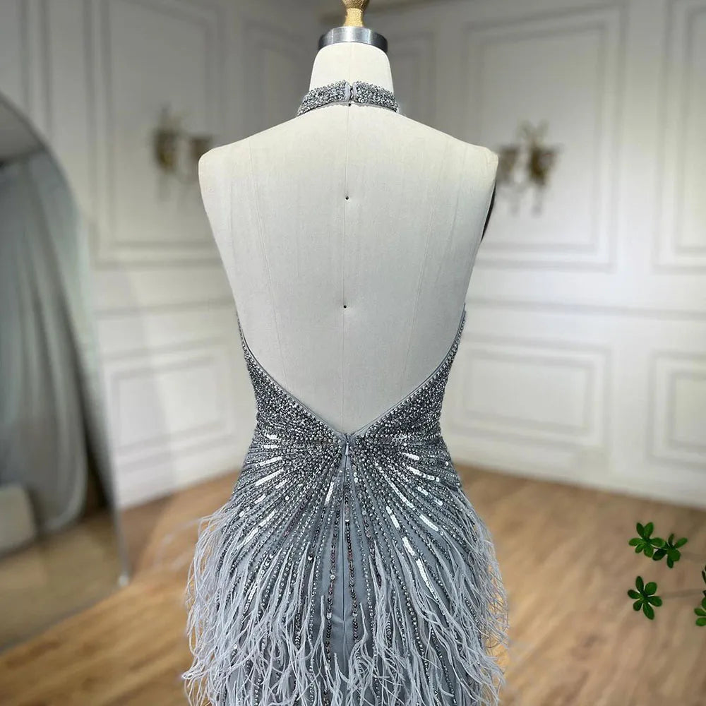 Serene Hill Dubai Halter Beige Feathers Beaded Formal Luxury Mermaid Evening Dresses For Women Wedding Party 2025 LA70623A