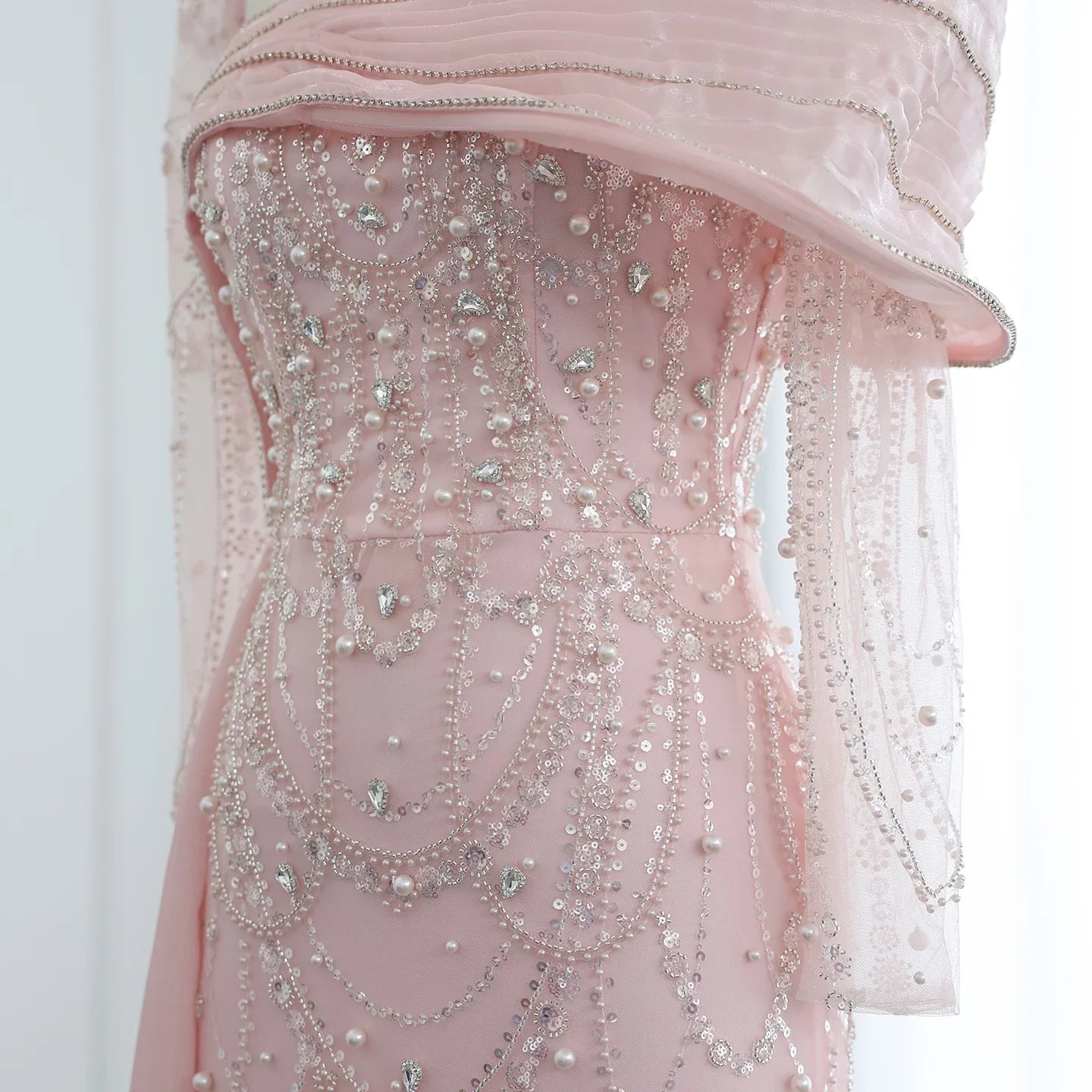 Sharon Said Nude Luxury Crystal Mermaid Evening Dress with Overskirt Long Sleeve Dubai Wedding Formal Prom Gown SS256 Customized