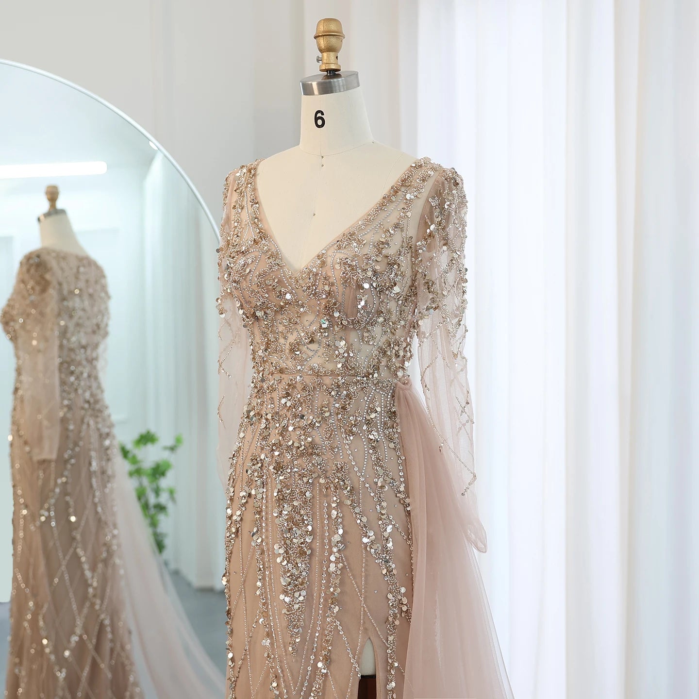 Sharon Said Turquoise Green Meramid Long Sleeves Evening Dress with Overskirt Slit Luxury for Wedding Party SS181 Customized