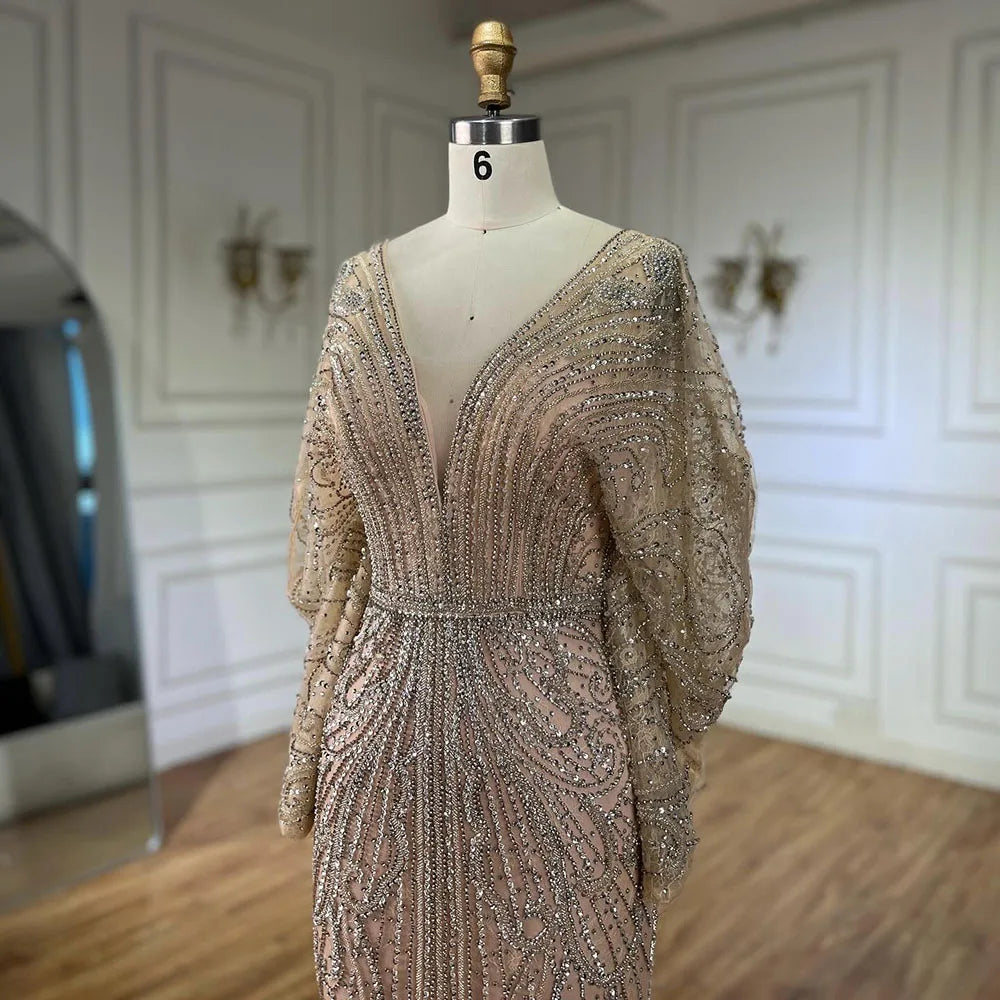 Serene Hill Arabic Gold Elegant Mermaid Black Beaded Evening Dresses Gowns Diamond For Party 2025 LA72288A Customized