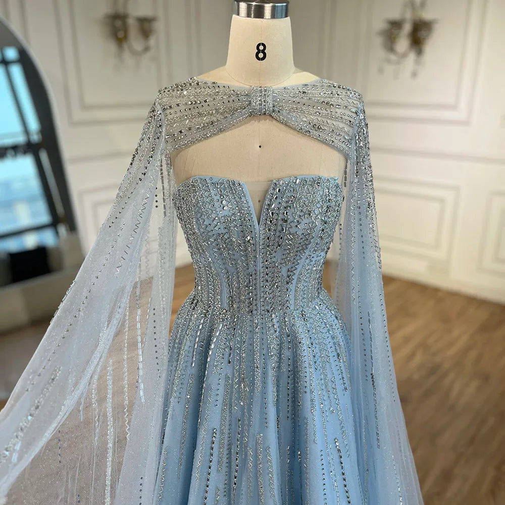 Serene Hill 2025 Arabic Blue Cape A-Line Beaded Evening Dresses Long Celebrity Gowns LA72427 Customized