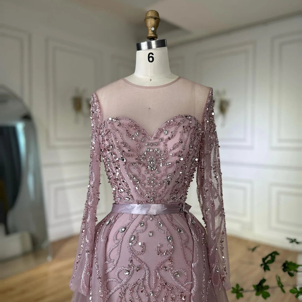 Serene Hill 2025 Customized Pink Beaded Saudi Arabic Mermaid Evening Dresses With Sheer Long Sleeves For Formal Occasion LA72875