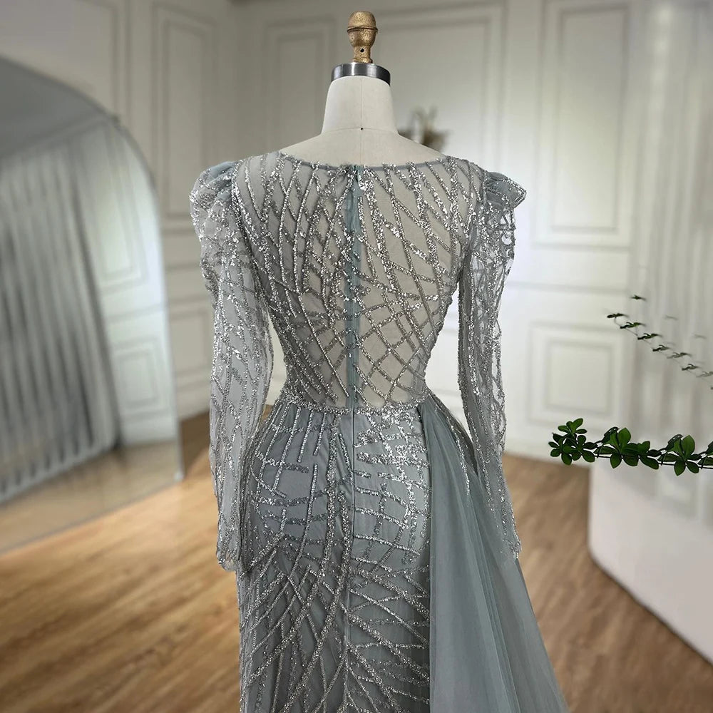 Serene Hill Muslim Gold Mermaid Beaded Dubai Evening Dresses Gowns With Overskirt 2025 For Party LA72206 Customized