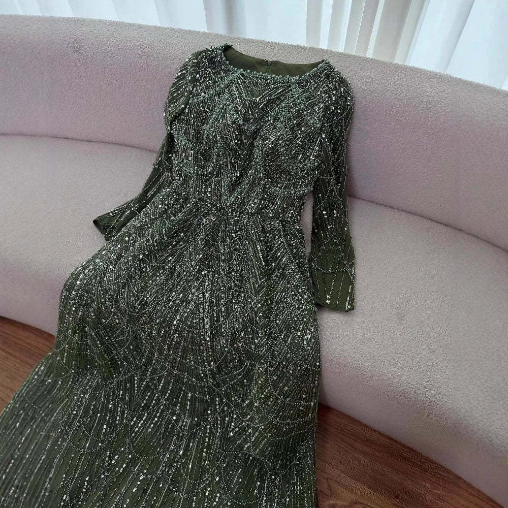Luxury Olive Green Long Sleeve Beaded A Line Evening Gown for Wedding Party Prom Serene Hill 2025 Customized LA72738B Plus Size