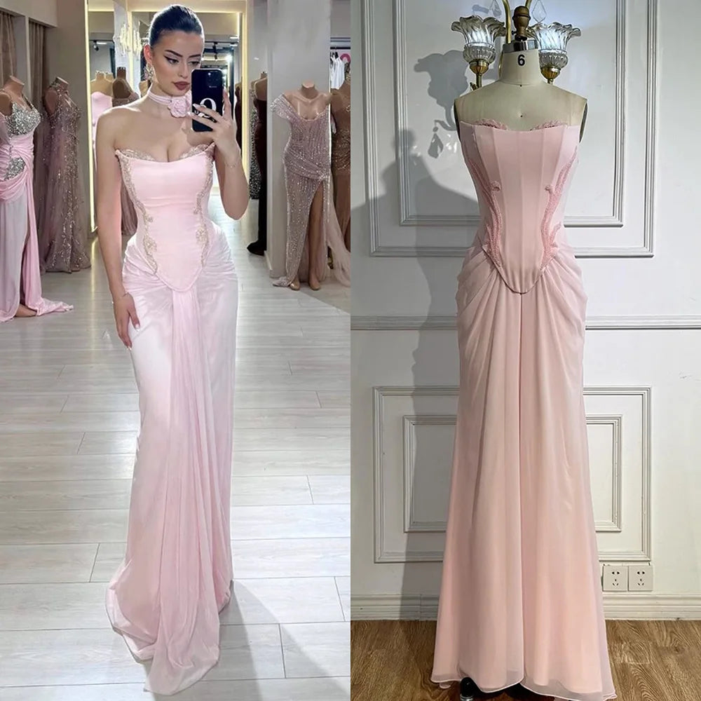 Serene Hill 2025 Customized Pink Strapless Draped Satin Evening Dress with Rose Neck Detail for Formal Party LA72946
