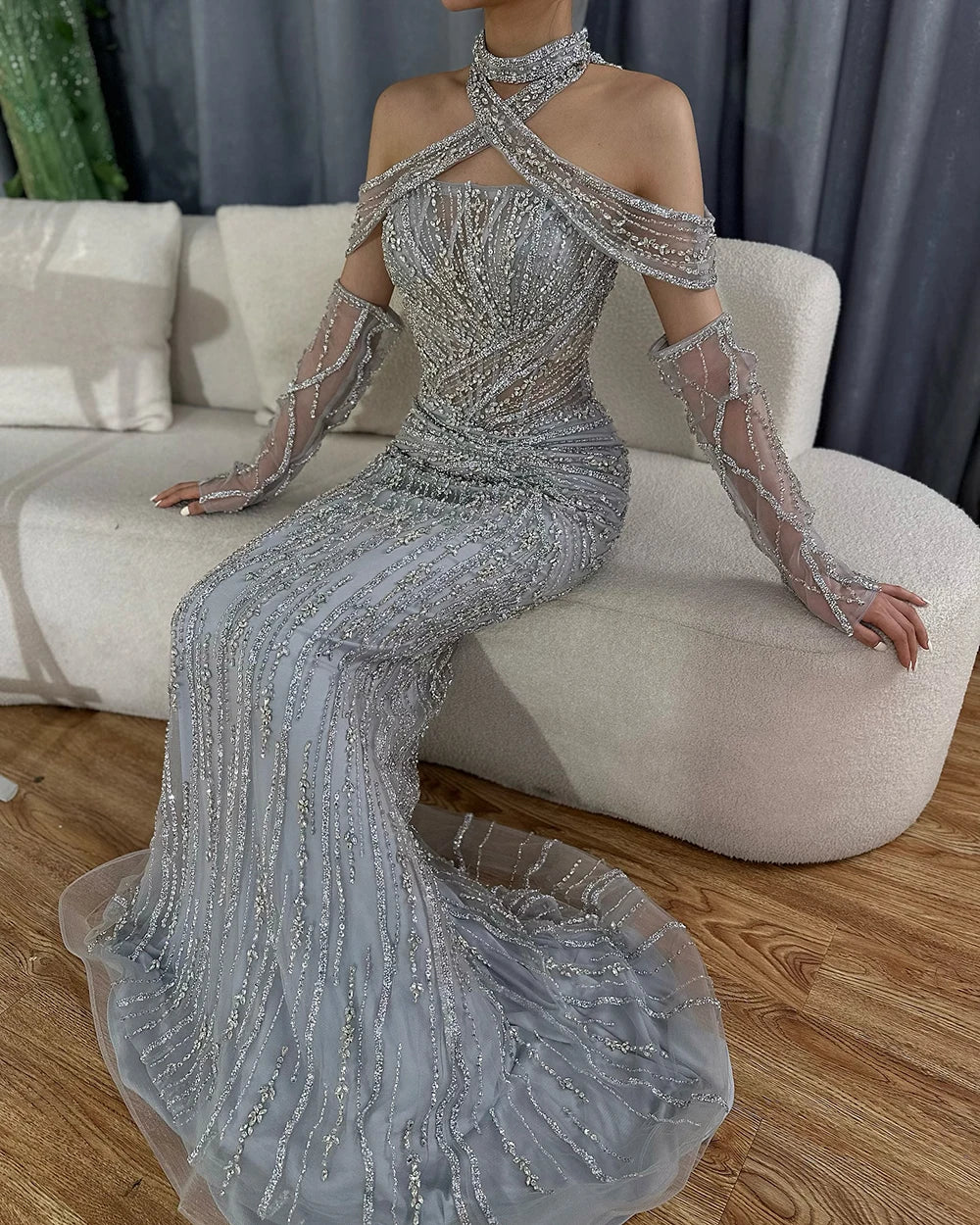 Serene Hill Arabic Gray Decorative Halter Mermaid Evening Dresses Beaded Dress For Formal Occasion LA72651 Customized 2025