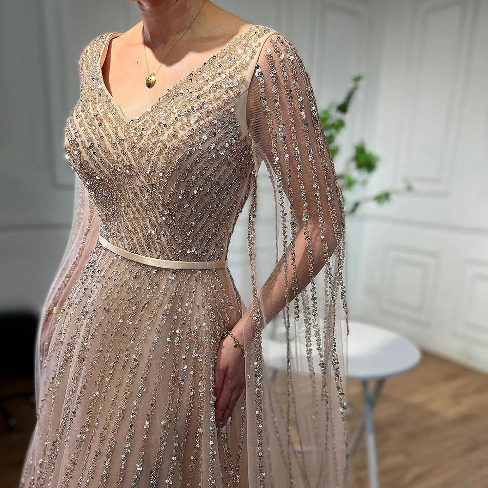 Serene Hill Mint Cape Sleeves A Line Beaded Dubai Evening Dresses Long 2025 Celebrity Gowns For Party LA71865 Customized