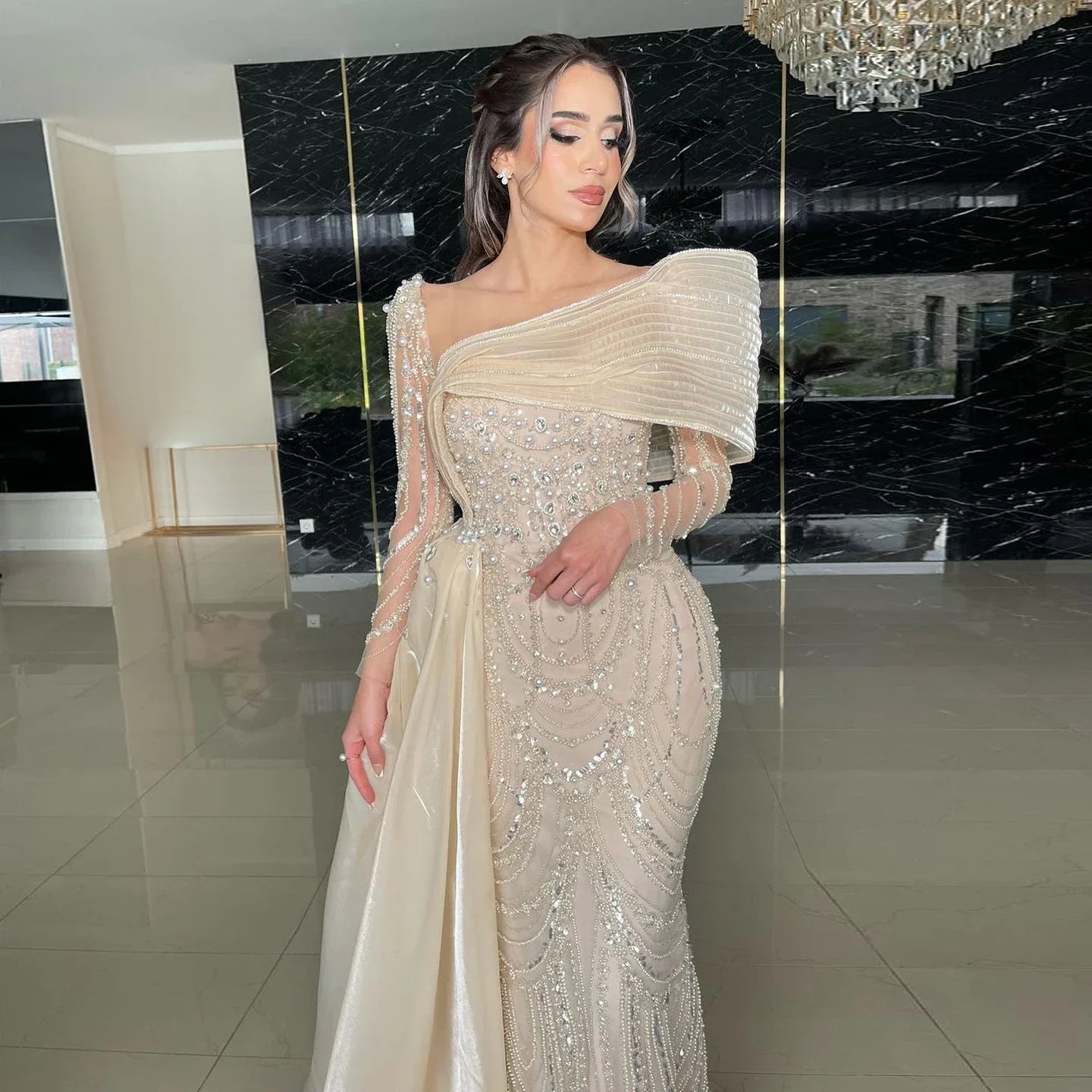 Sharon Said Nude Luxury Crystal Mermaid Evening Dress with Overskirt Long Sleeve Dubai Wedding Formal Prom Gown SS256 Customized