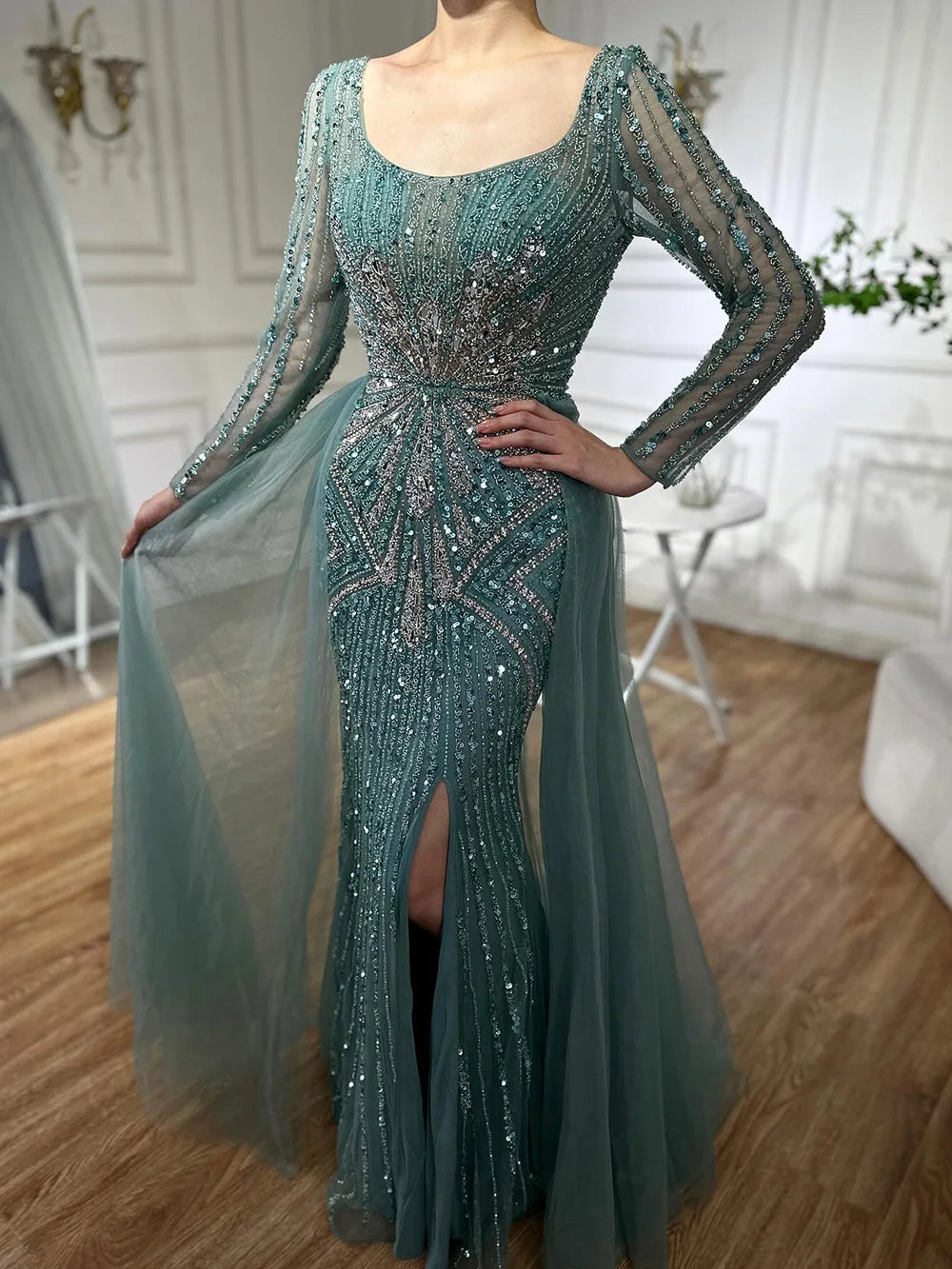 Serene Hill Pink With Overskirt Split Beaded Mermaid Evening Dresses Gowns 2025 LA72431 Customized