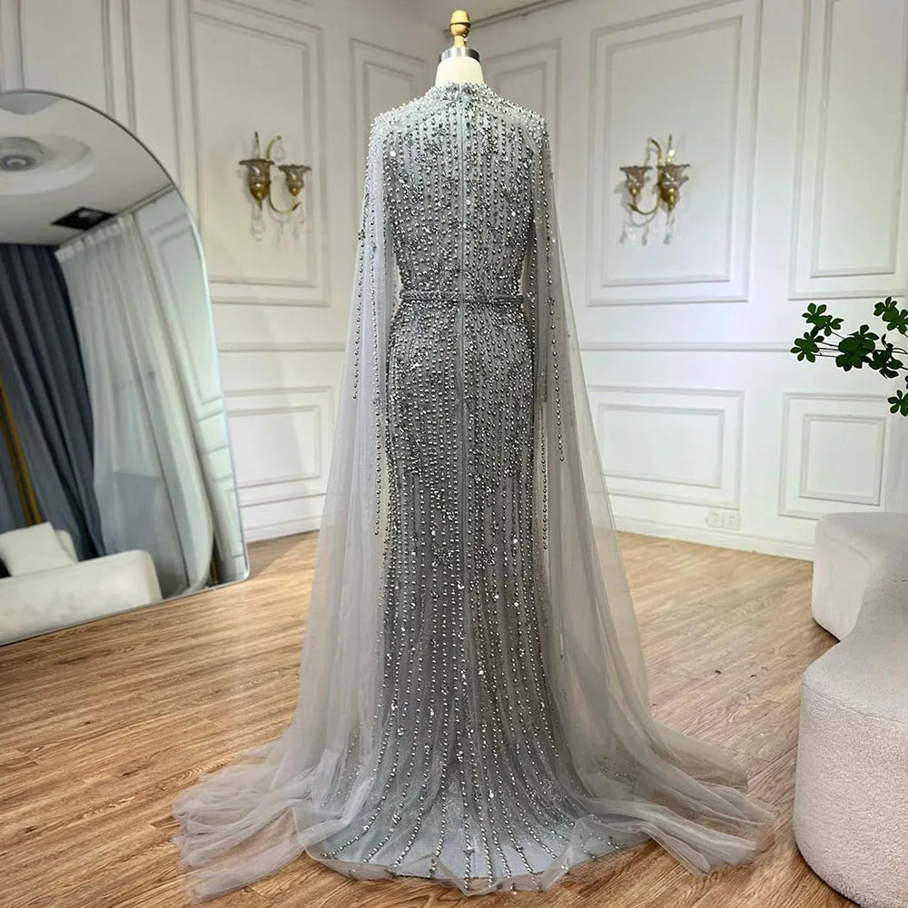 Muslim Nude Mermaid Cape Sleeves Pearls Beaded Luxury Dubai Evening Dresses Gowns 2025 Wedding Party LA72372 Customized
