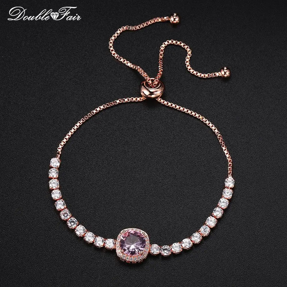 Romantic Pink Crystal Tennis Bracelets for Female Women Trend Shiny Zirconia Adjustable Folding Buckle Chain on Hand Jewelry
