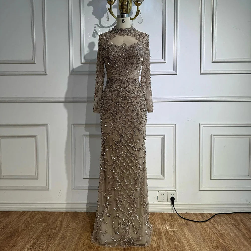 Luxury Caramel Beaded Evening Dress with High Neck Long Sleeves Mermaid Gown Serene Hill 2025 Customized LA71747A