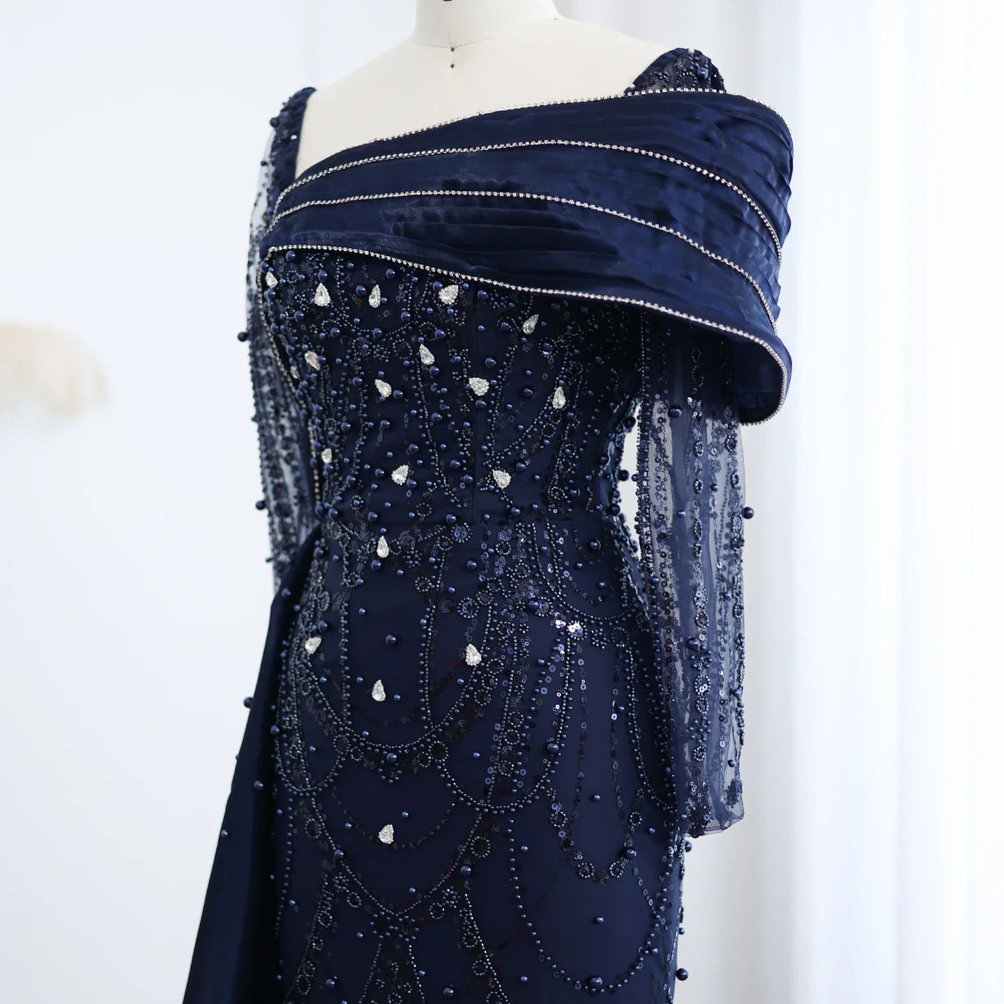 Sharon Said Nude Luxury Crystal Mermaid Evening Dress with Overskirt Long Sleeve Dubai Wedding Formal Prom Gown SS256 Customized