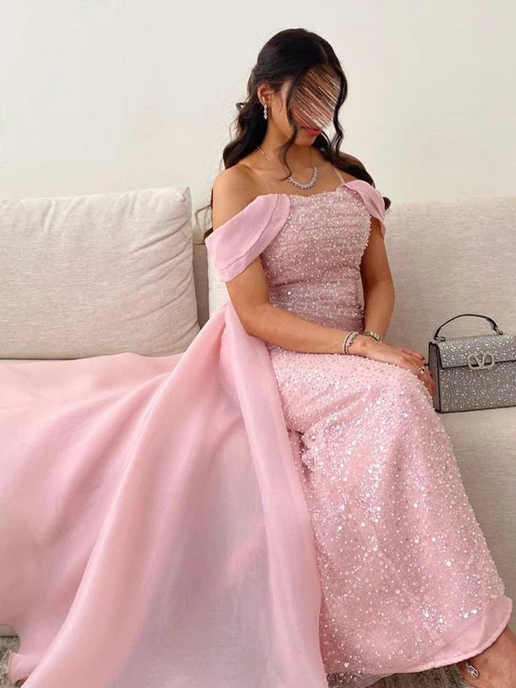 Pink Sequins Evening Dress Women Elegant Satin Off The Shoulder With Bow Bridal Formal Long Ball Gowns Trend Pageant Dress