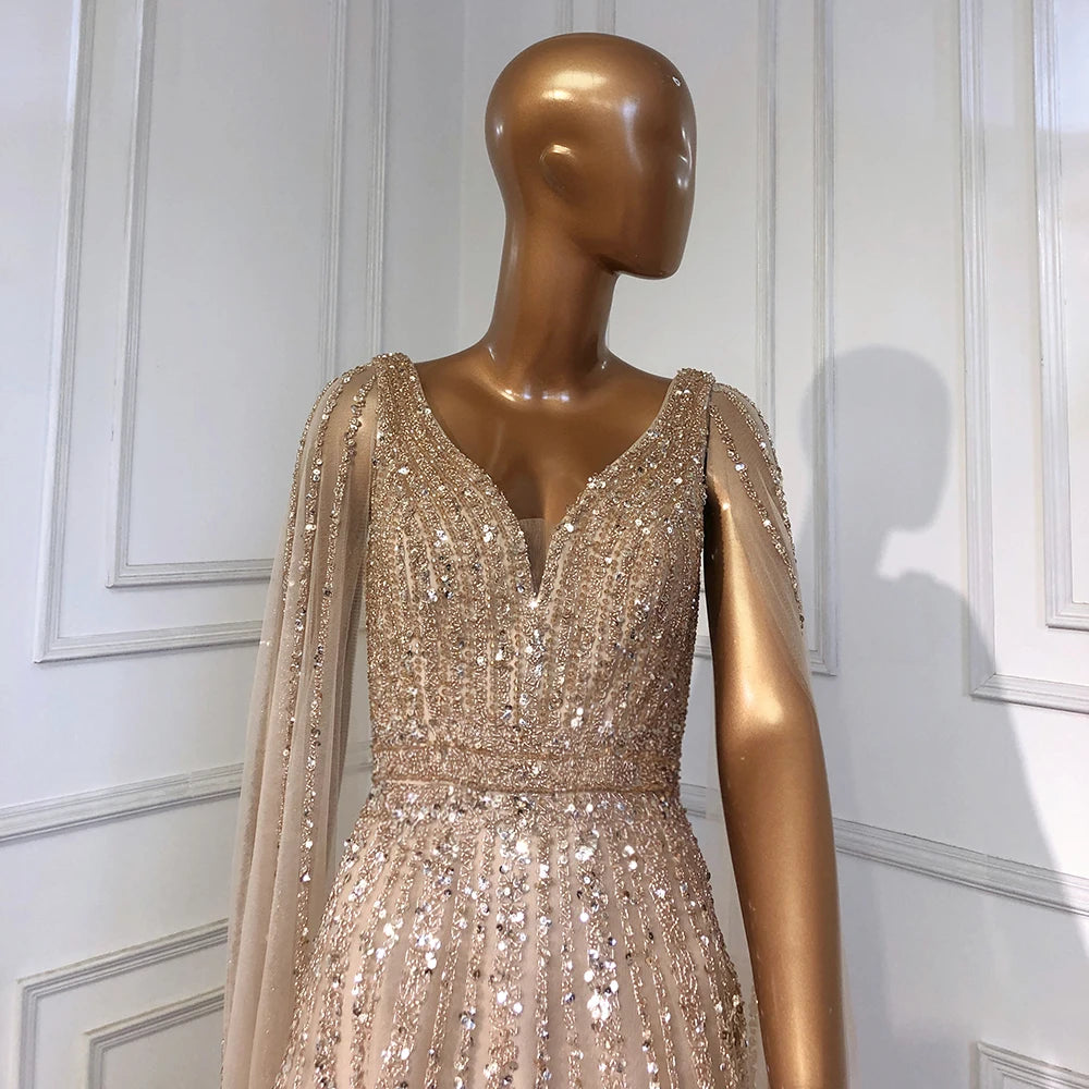 Nude Arabic Luxury Cape Sleeves Evening Dresses Gowns A-Line Beaded 2025 For Party LA71567 Customized