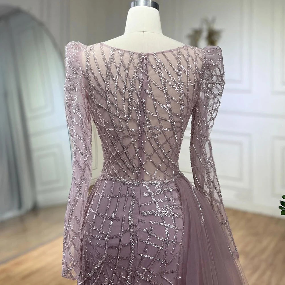 Serene Hill Muslim Gold Mermaid Beaded Dubai Evening Dresses Gowns With Overskirt 2025 For Party LA72206 Customized