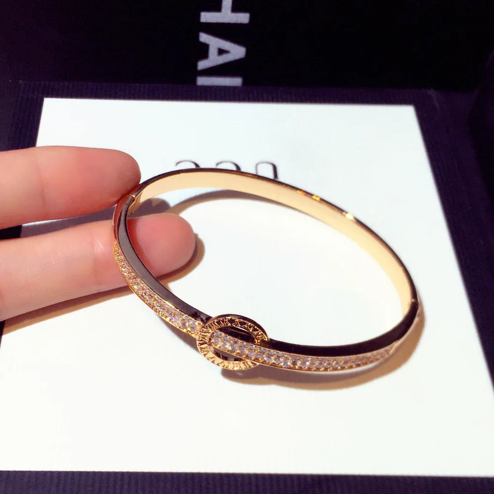 14k Real Gold Trend Fashion Simple Micro Inlaid Zircon Word Lady Bracelets for Women Temperament Exquisite Luxury Bangle Jewelry