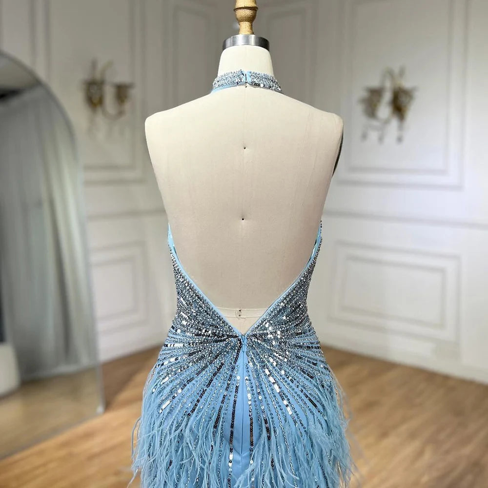 Serene Hill Dubai Halter Beige Feathers Beaded Formal Luxury Mermaid Evening Dresses For Women Wedding Party 2025 LA70623A
