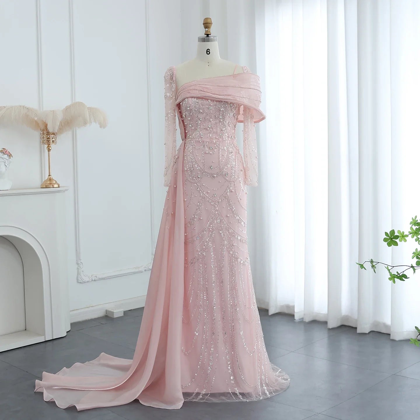 Sharon Said Nude Luxury Crystal Mermaid Evening Dress with Overskirt Long Sleeve Dubai Wedding Formal Prom Gown SS256 Customized